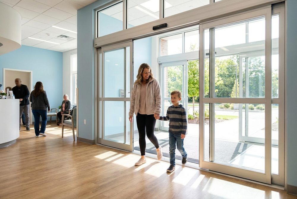 A mother and son leaving the clinic after their visit