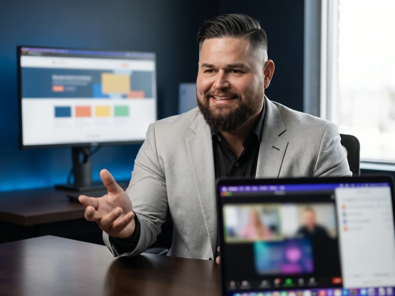 Marketing consultant reviewing a client's website during a video call