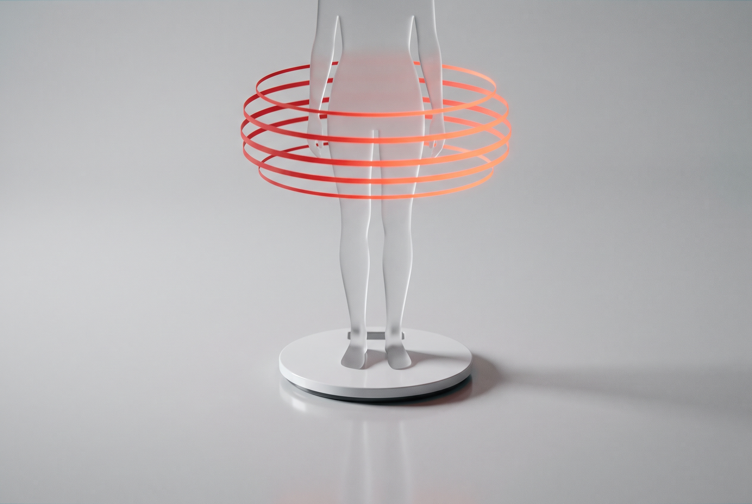 Translucent body silhouette showing layered body-composition data over a bathroom scale
