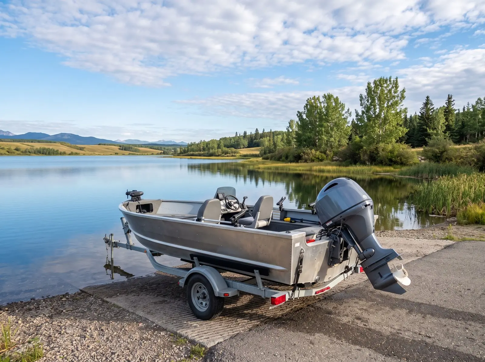 Aluminum fishing boat with outboard motor on a trailer at a lake launch