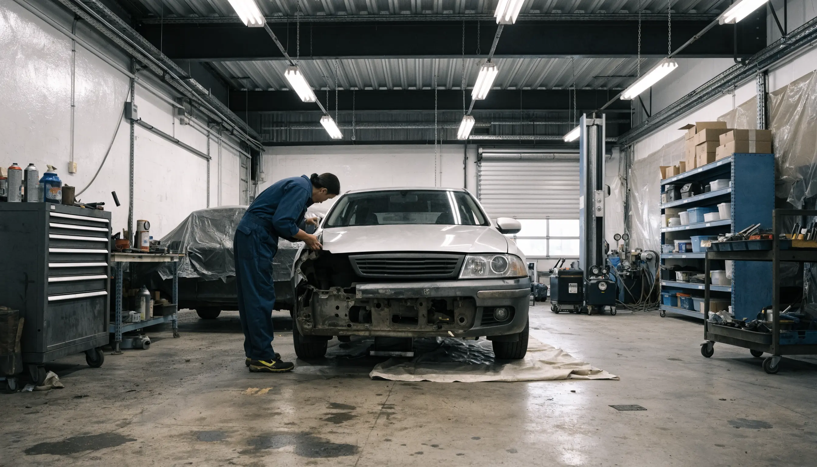 AutoMax Auto Body technician repairing a damaged vehicle