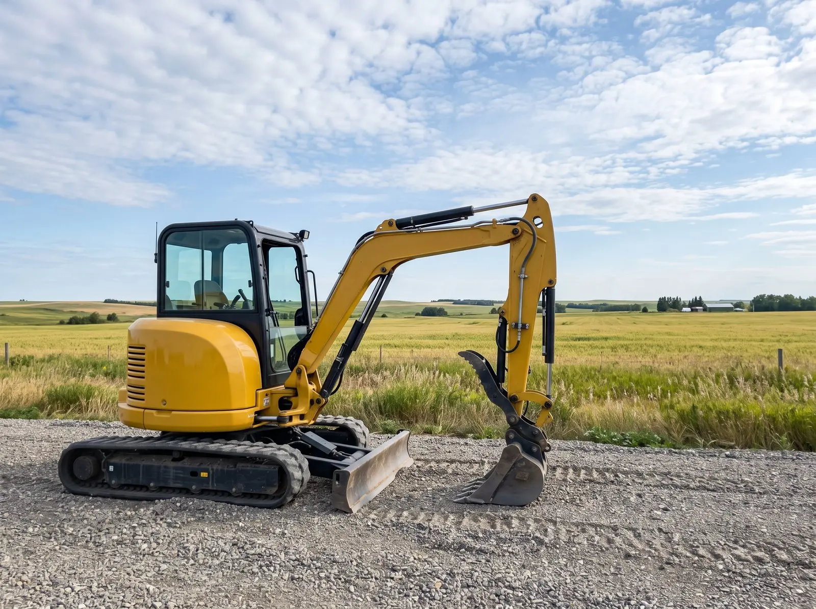 Compact mini excavator on a gravel construction lot