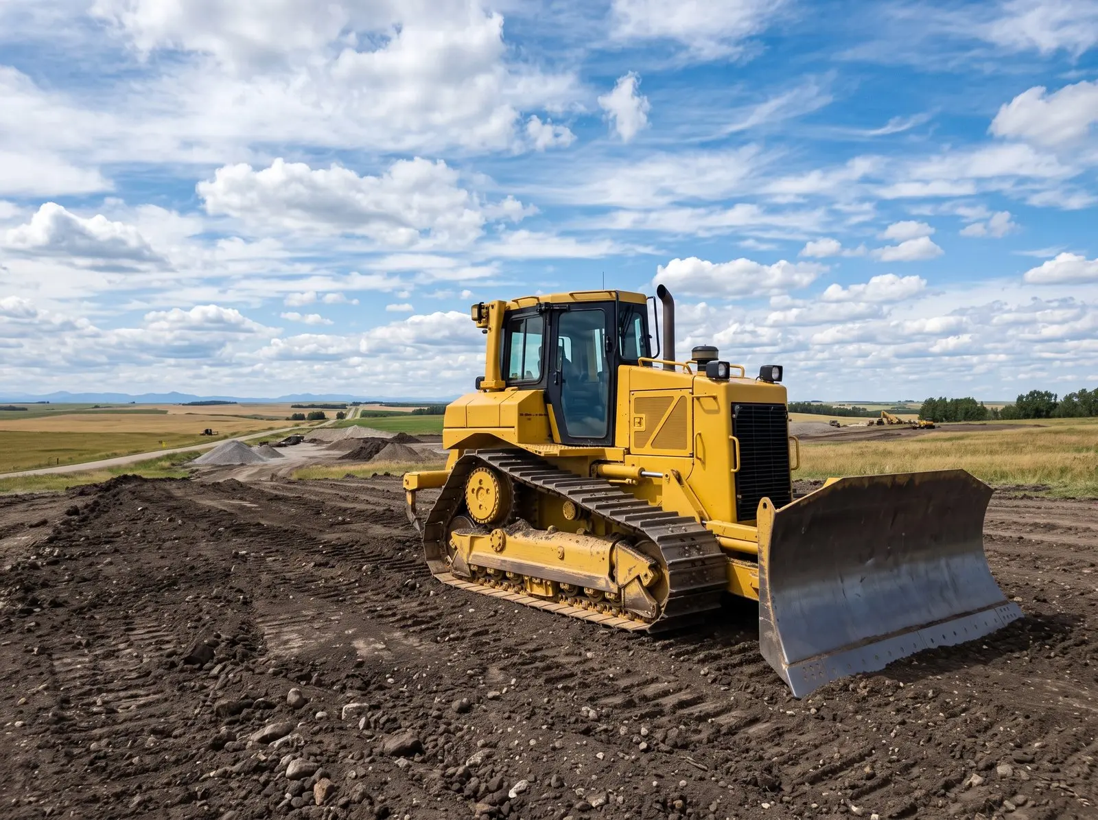 Crawler bulldozer on freshly graded earth