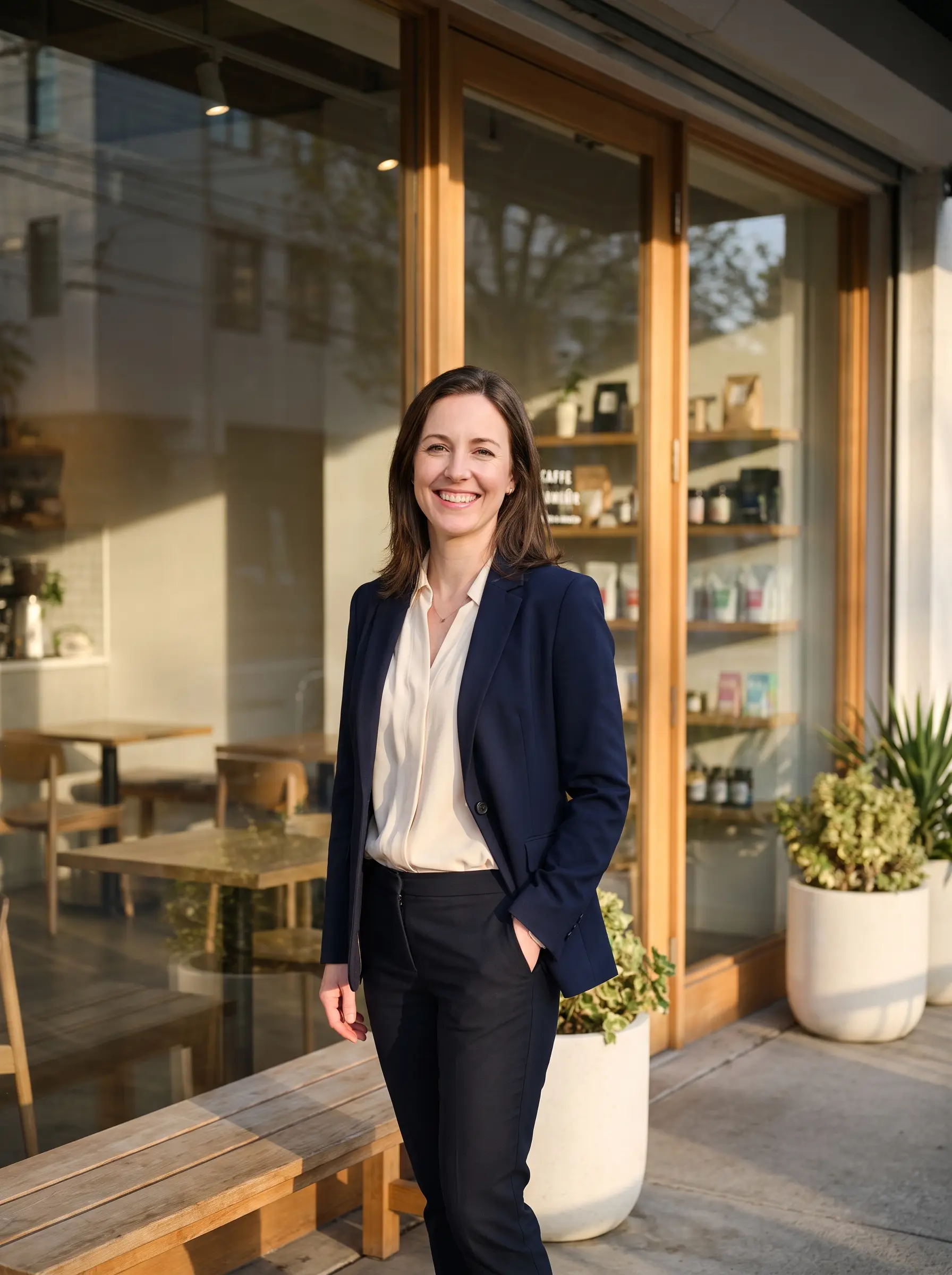 Business owner standing in front of a modern storefront