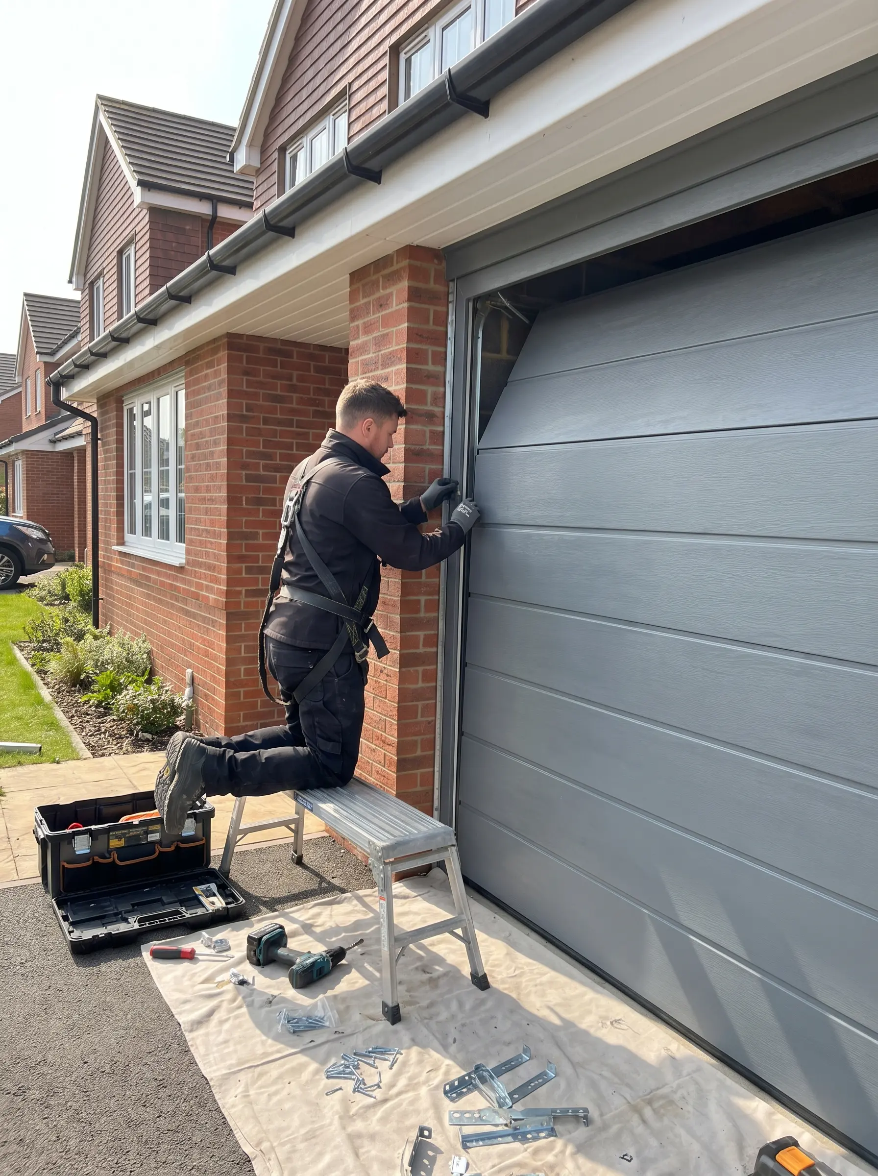 Technician installing a residential garage door