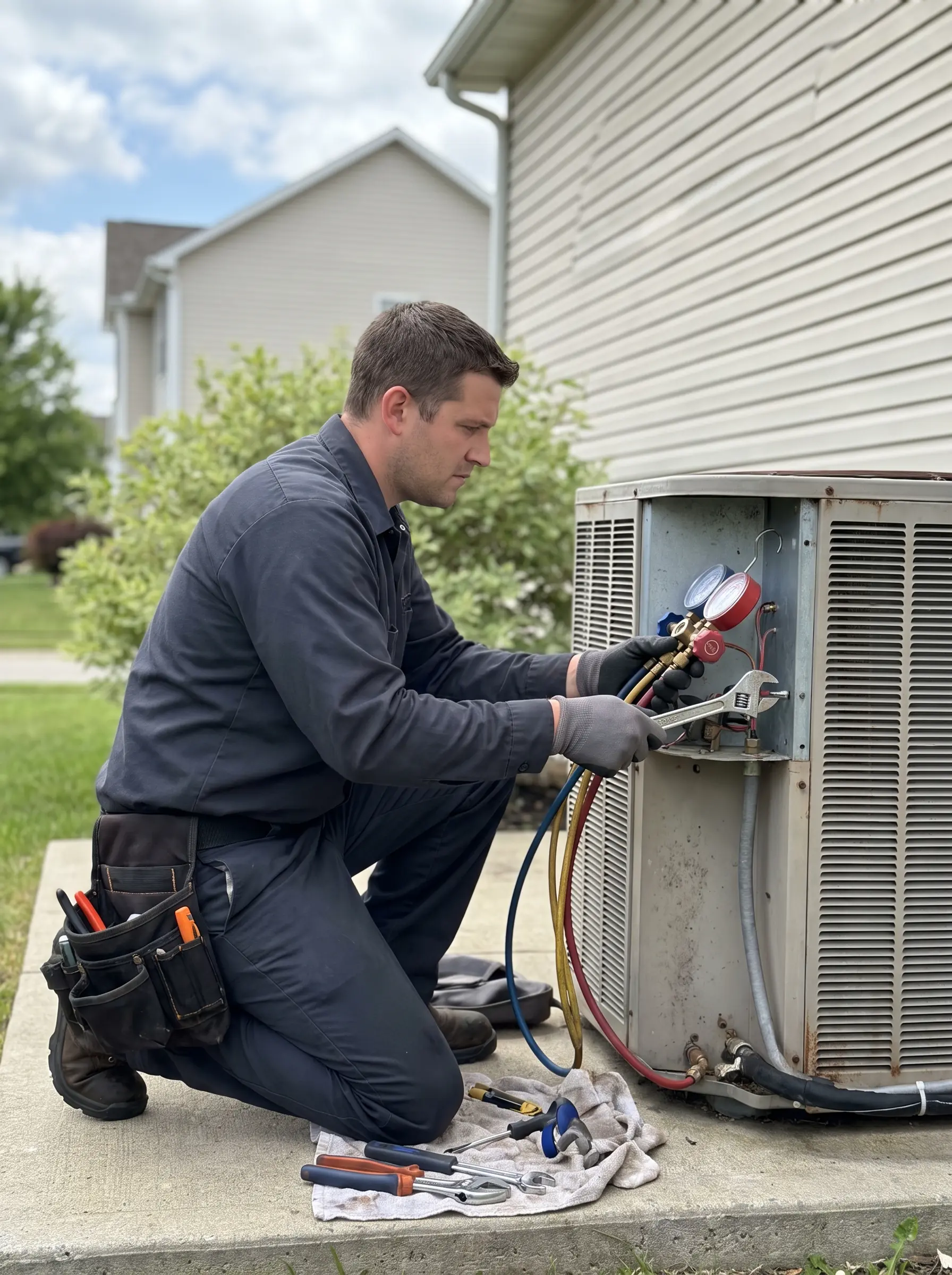 HVAC technician servicing an outdoor air conditioning unit