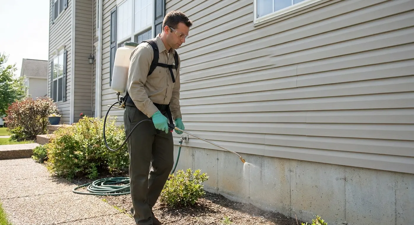 Pest control technician treating the exterior of a home
