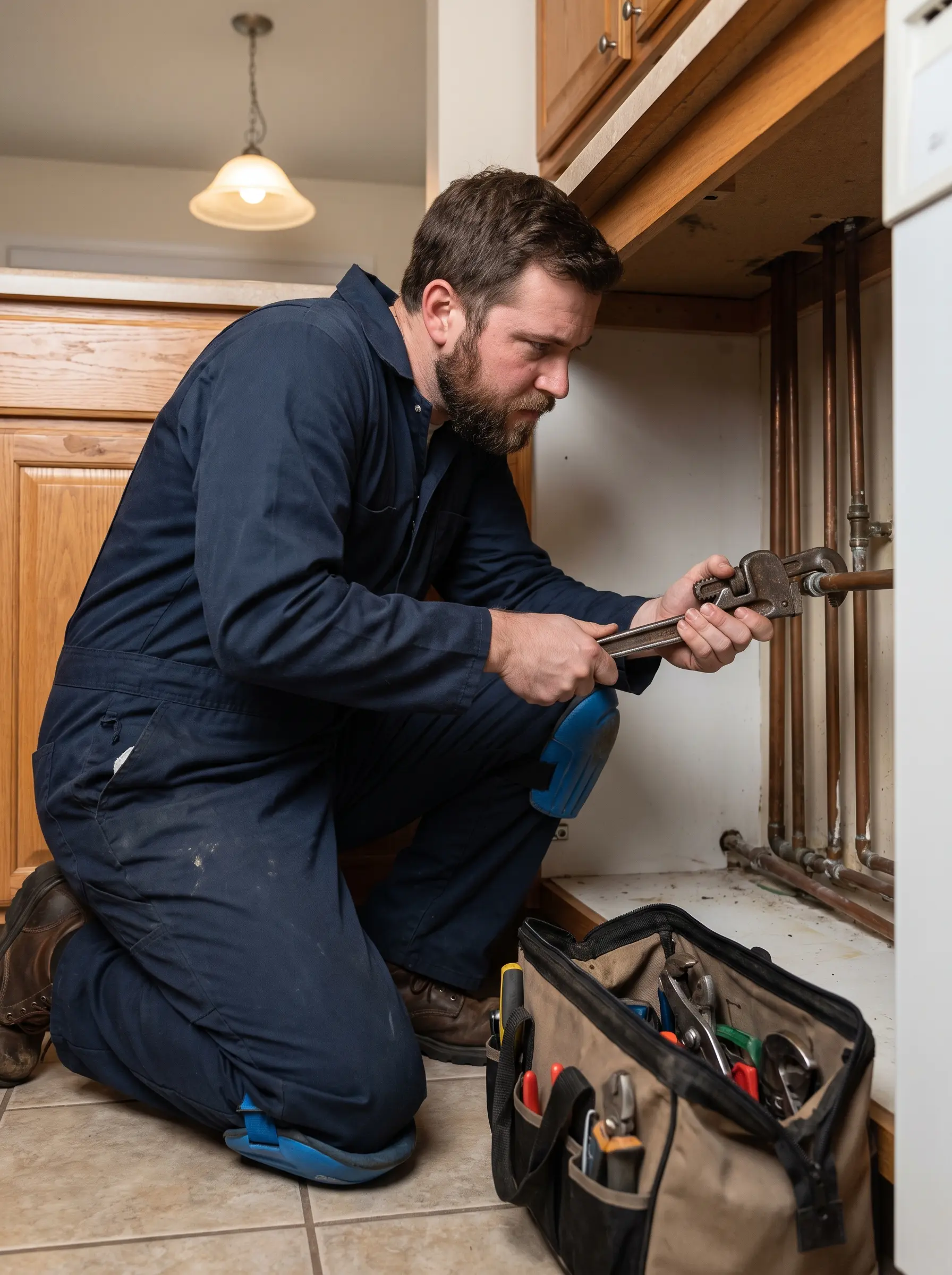 Plumber repairing pipes under a kitchen sink