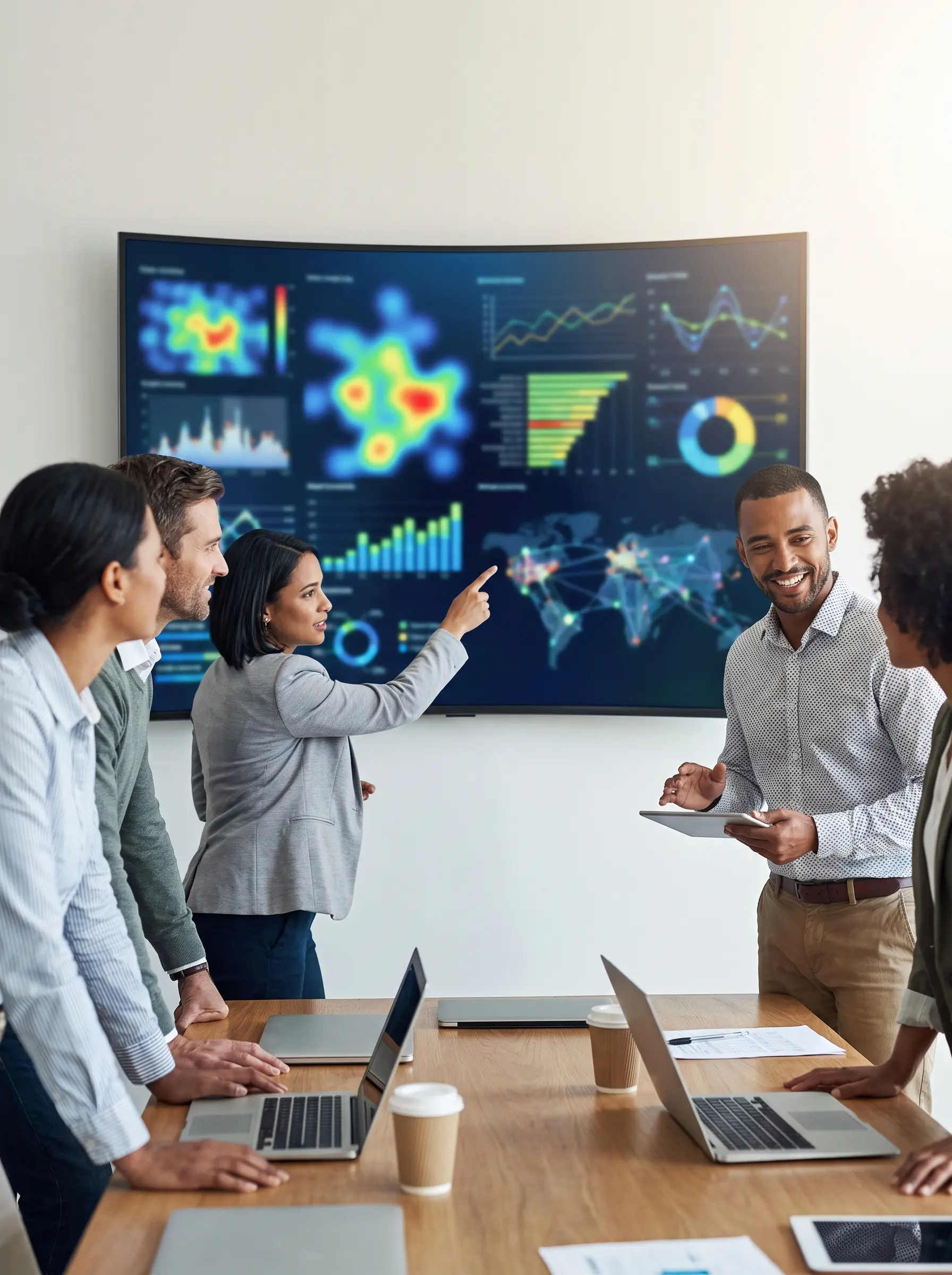 Team reviewing analytics dashboards on a large screen