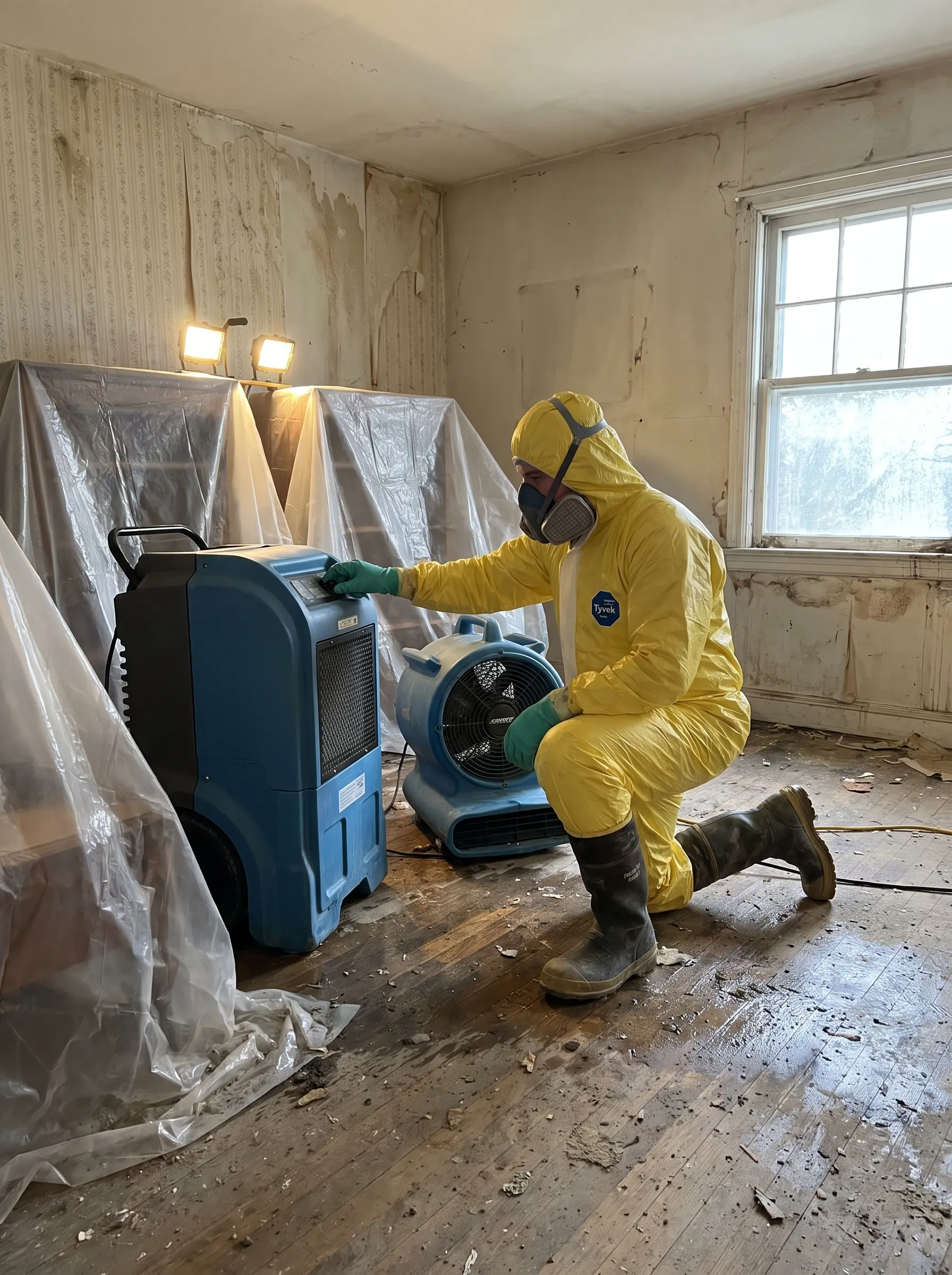 Restoration technician operating drying equipment in a water-damaged room