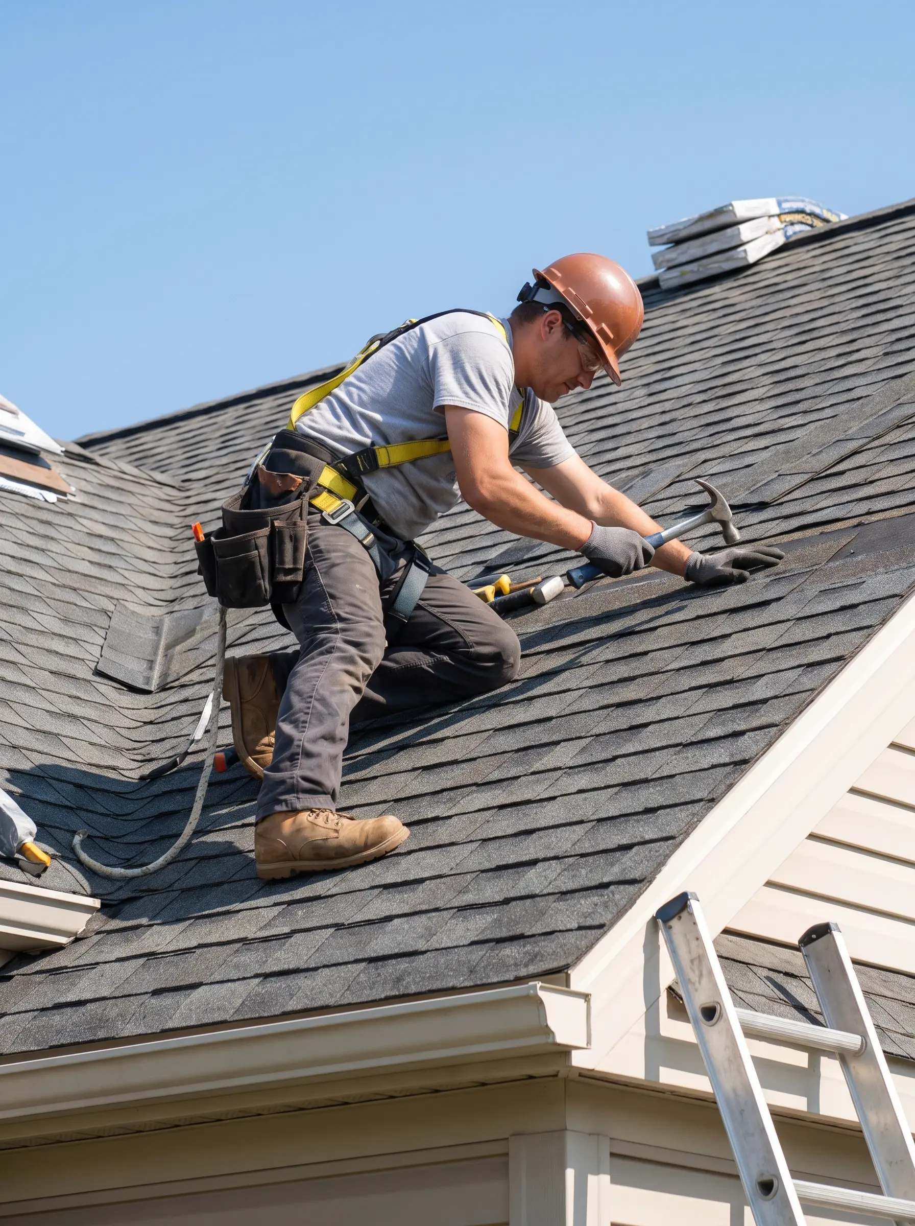 Roofer installing shingles on a residential roof