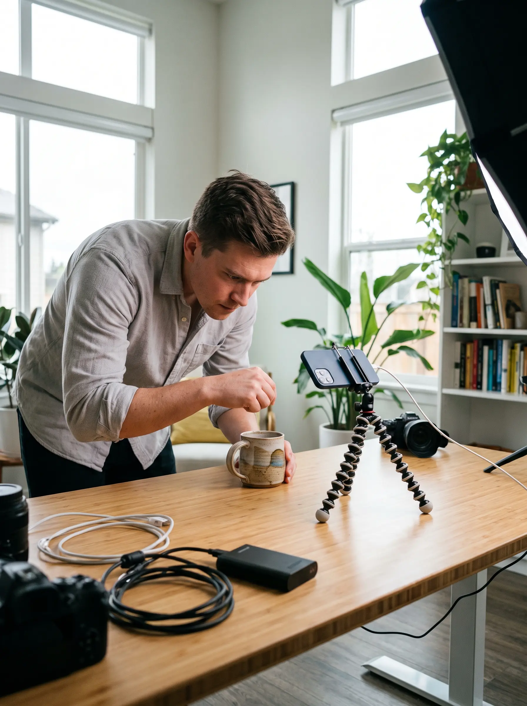 Content creator filming a product with a smartphone