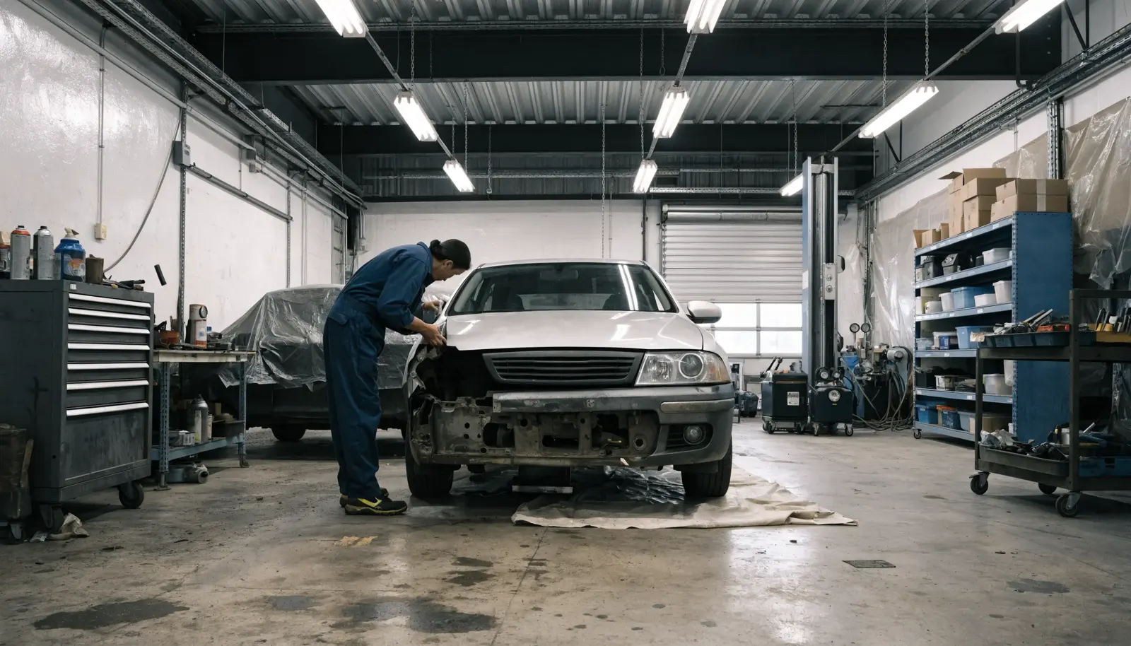 AutoMax Auto Body technician repairing a damaged vehicle