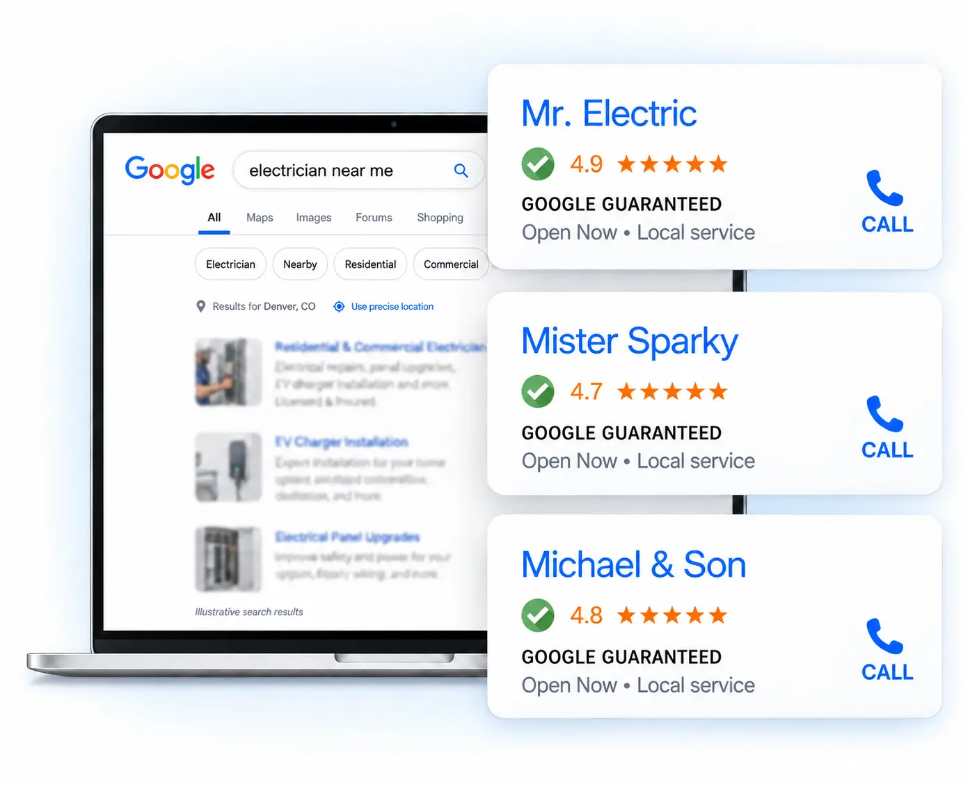 Google search results showing top-rated local electricians with call buttons