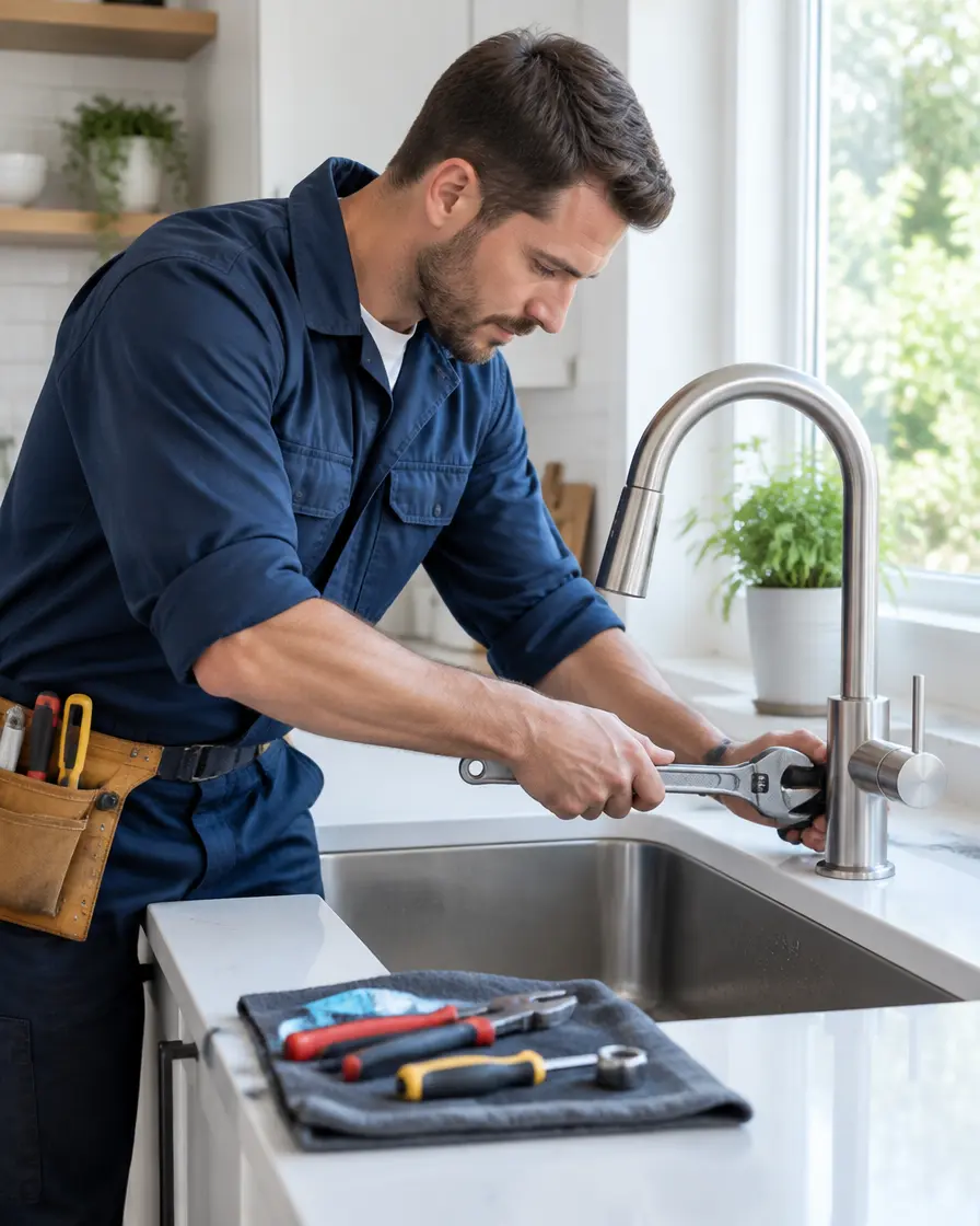 Handyman repairing a kitchen faucet in a modern home