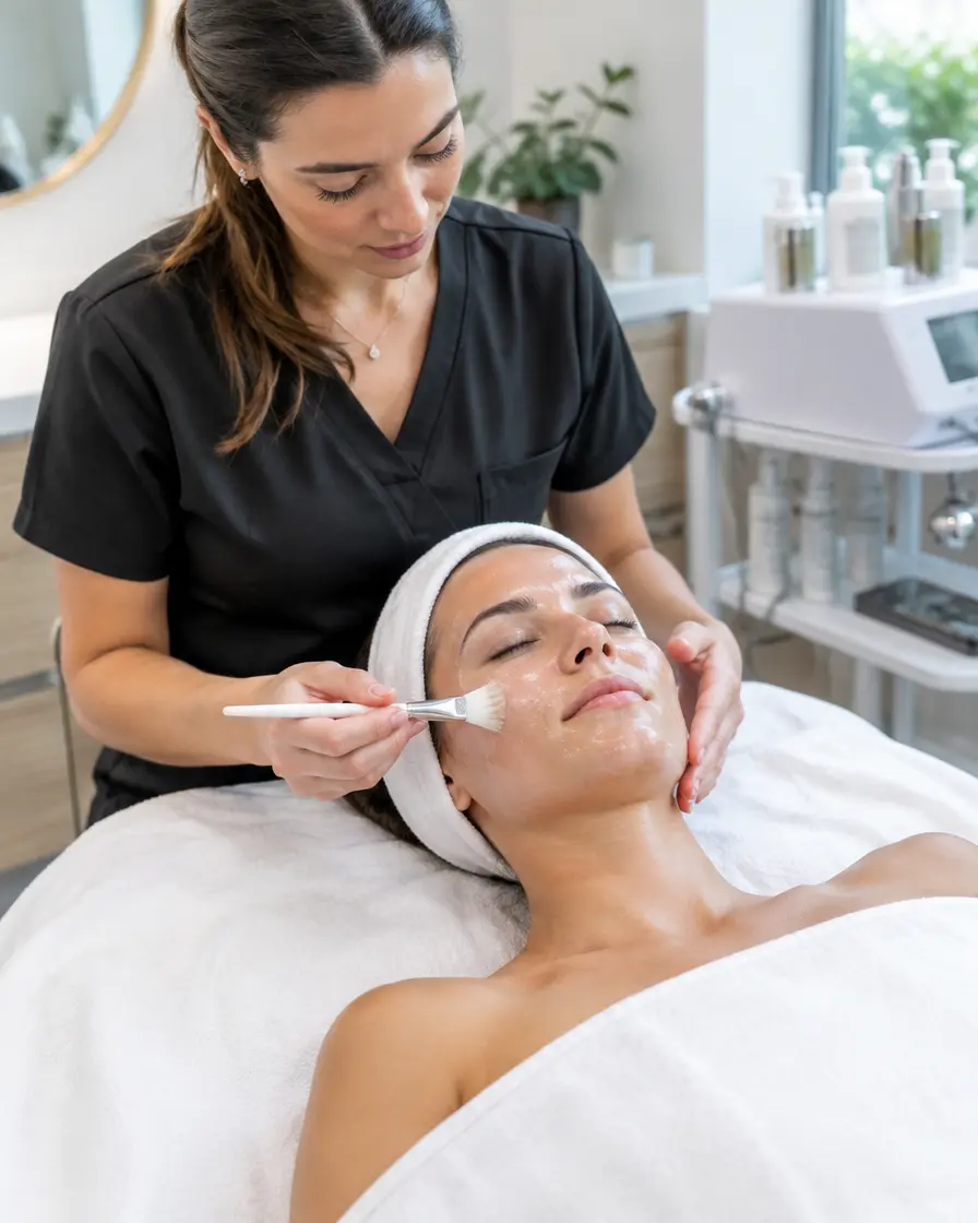 Esthetician performing a facial treatment on a client in a modern medical spa