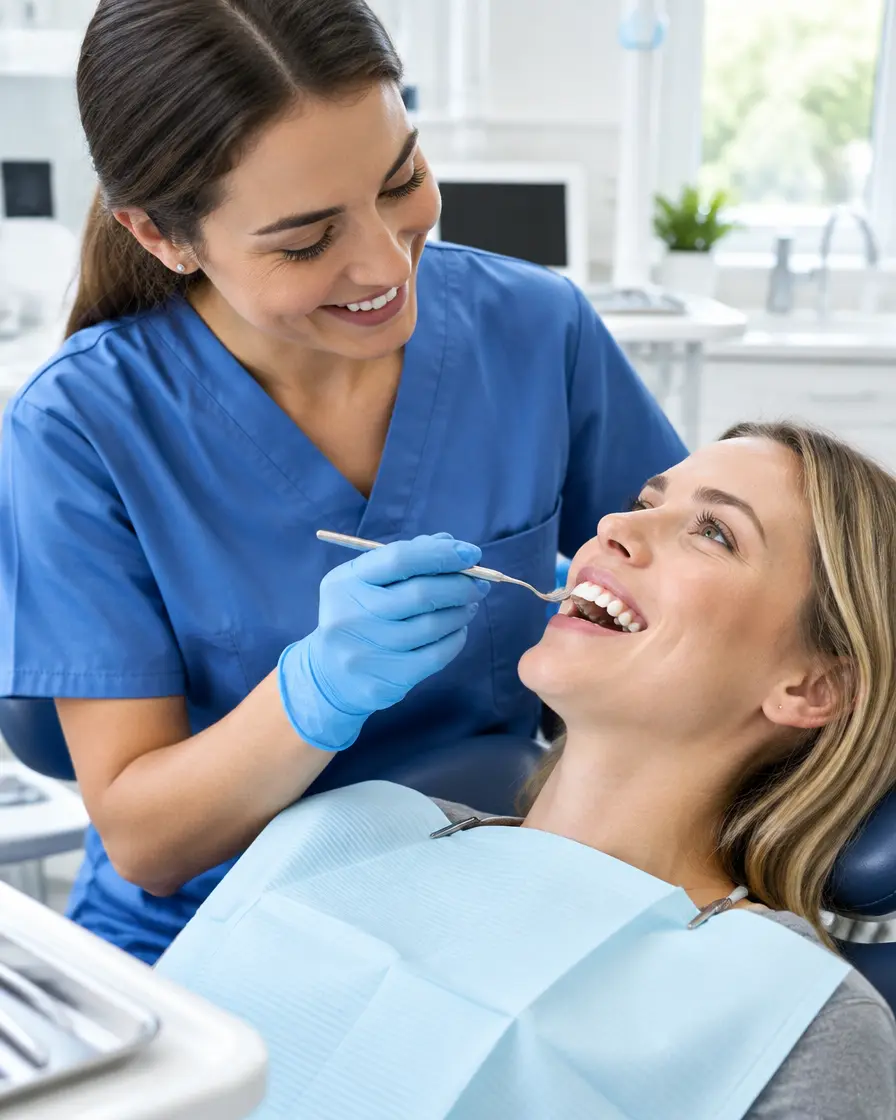 Dentist examining a smiling patient in a modern dental clinic