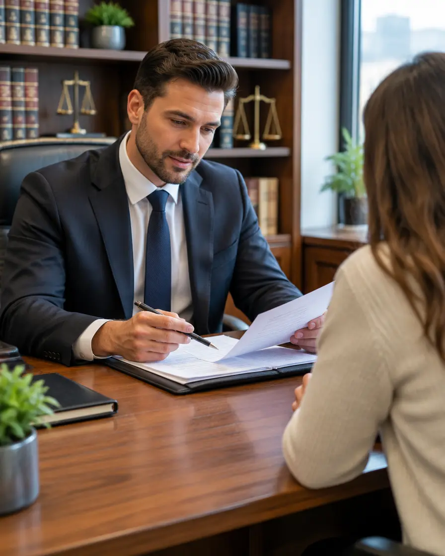 Attorney reviewing legal documents with a client in a law office