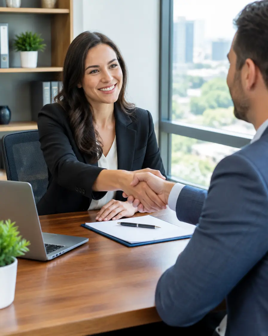 Insurance agent shaking hands with a client in a modern office