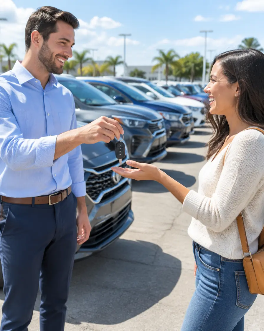 Car salesperson handing keys to a customer on a dealership lot