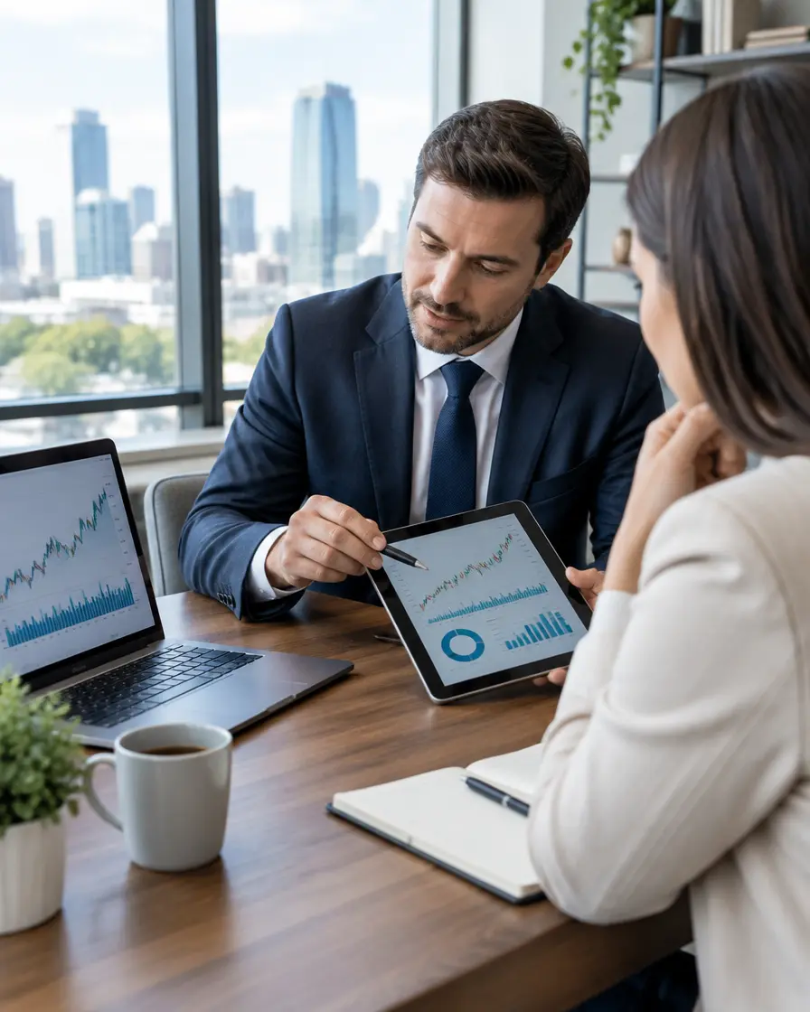 Financial advisor reviewing investment charts with a client