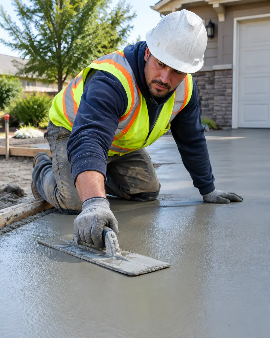 Concrete contractor finishing a fresh driveway