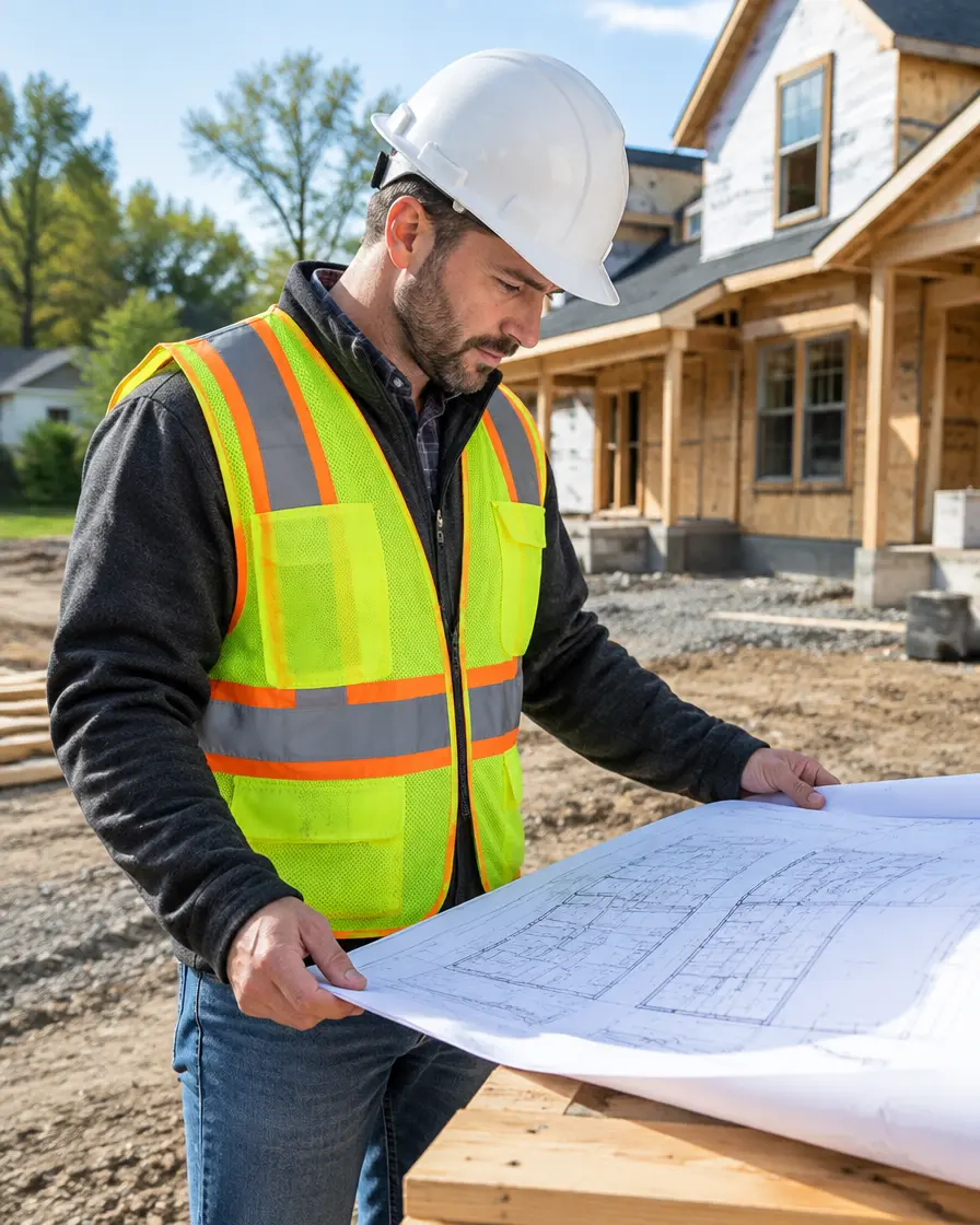 General contractor reviewing blueprints at a construction site