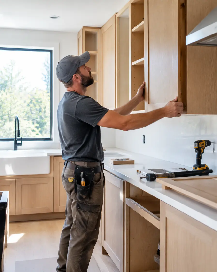 Contractor installing new cabinetry during a kitchen remodel
