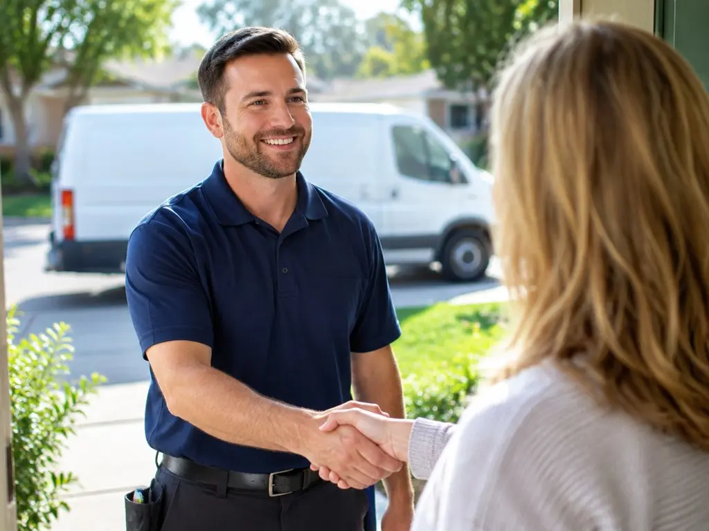 HVAC technician meeting a homeowner at the door