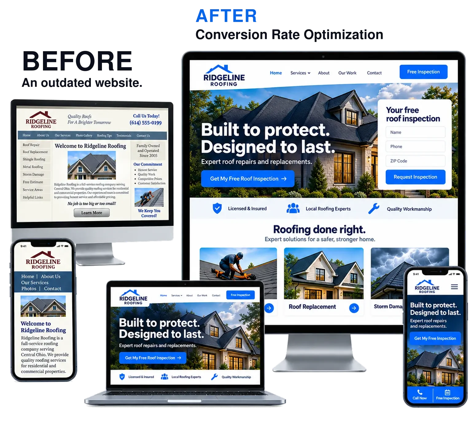 Illustrative before and after example of a roofing company website, comparing an outdated layout with a modern, mobile-friendly layout