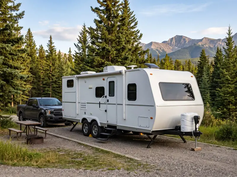White travel trailer at an Alberta campground