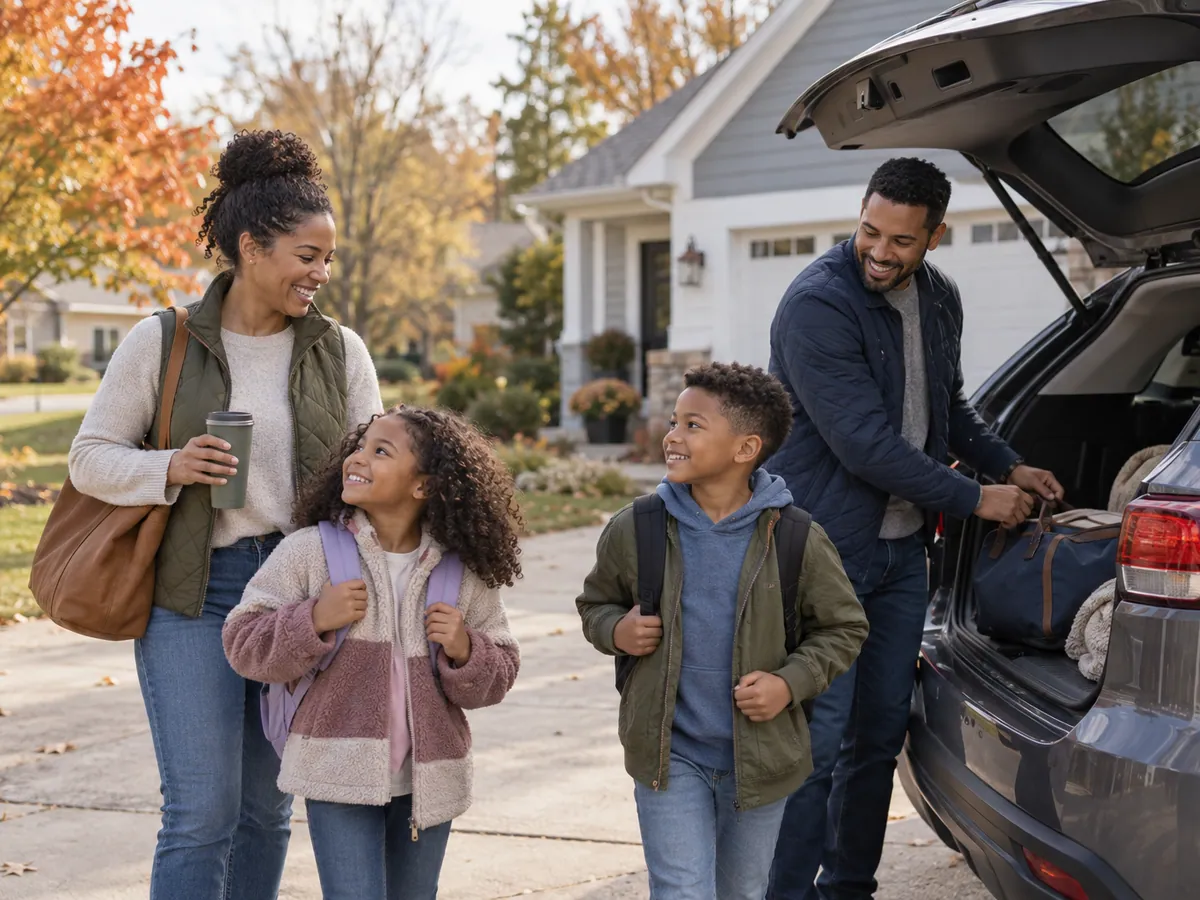 A family unloading their SUV in the driveway of their home.