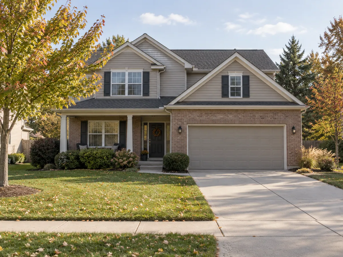 A brick and siding family home on a quiet residential street.