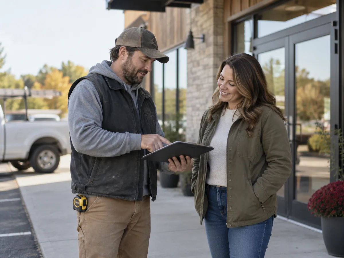 A contractor and a woman reviewing a tablet outside a commercial building.
