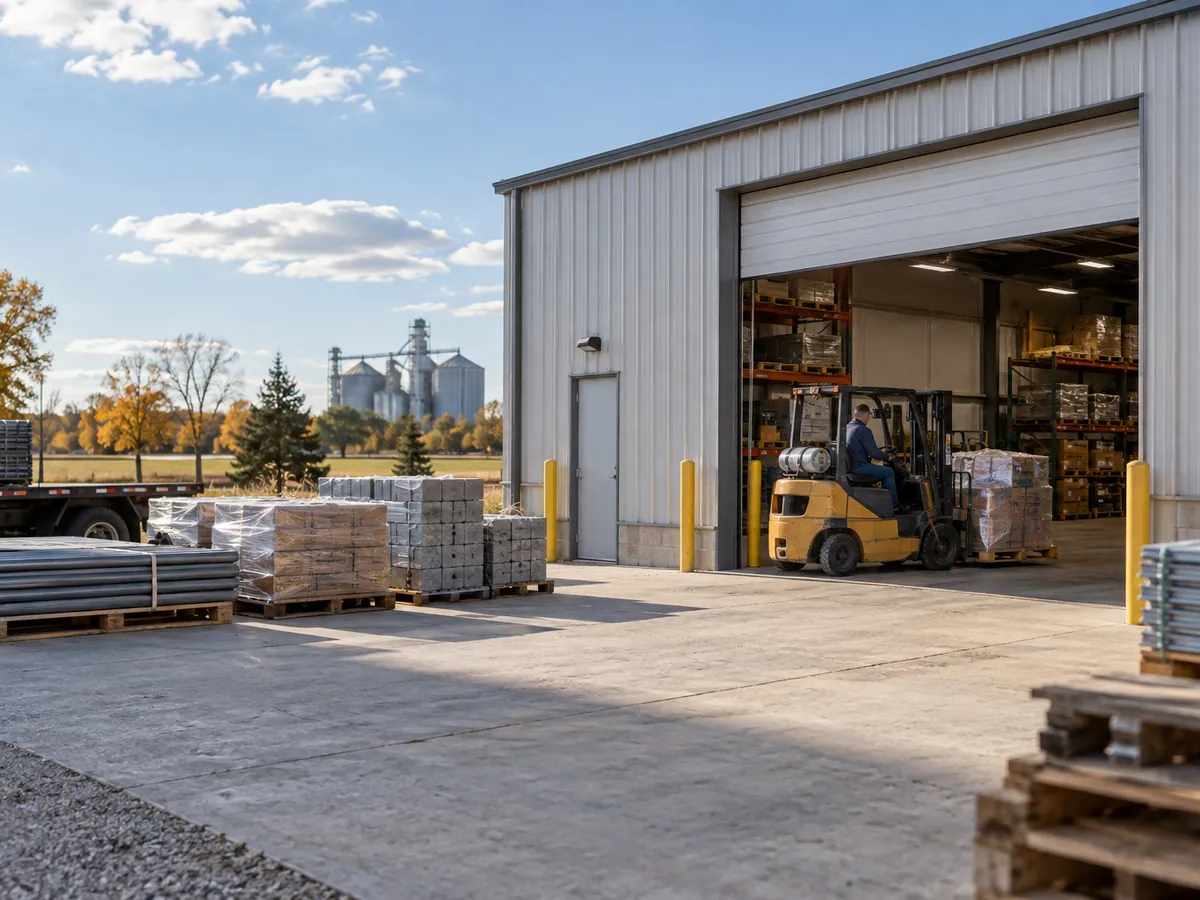 A roll-up door, forklift and pallets of inventory outside a light-industrial building.