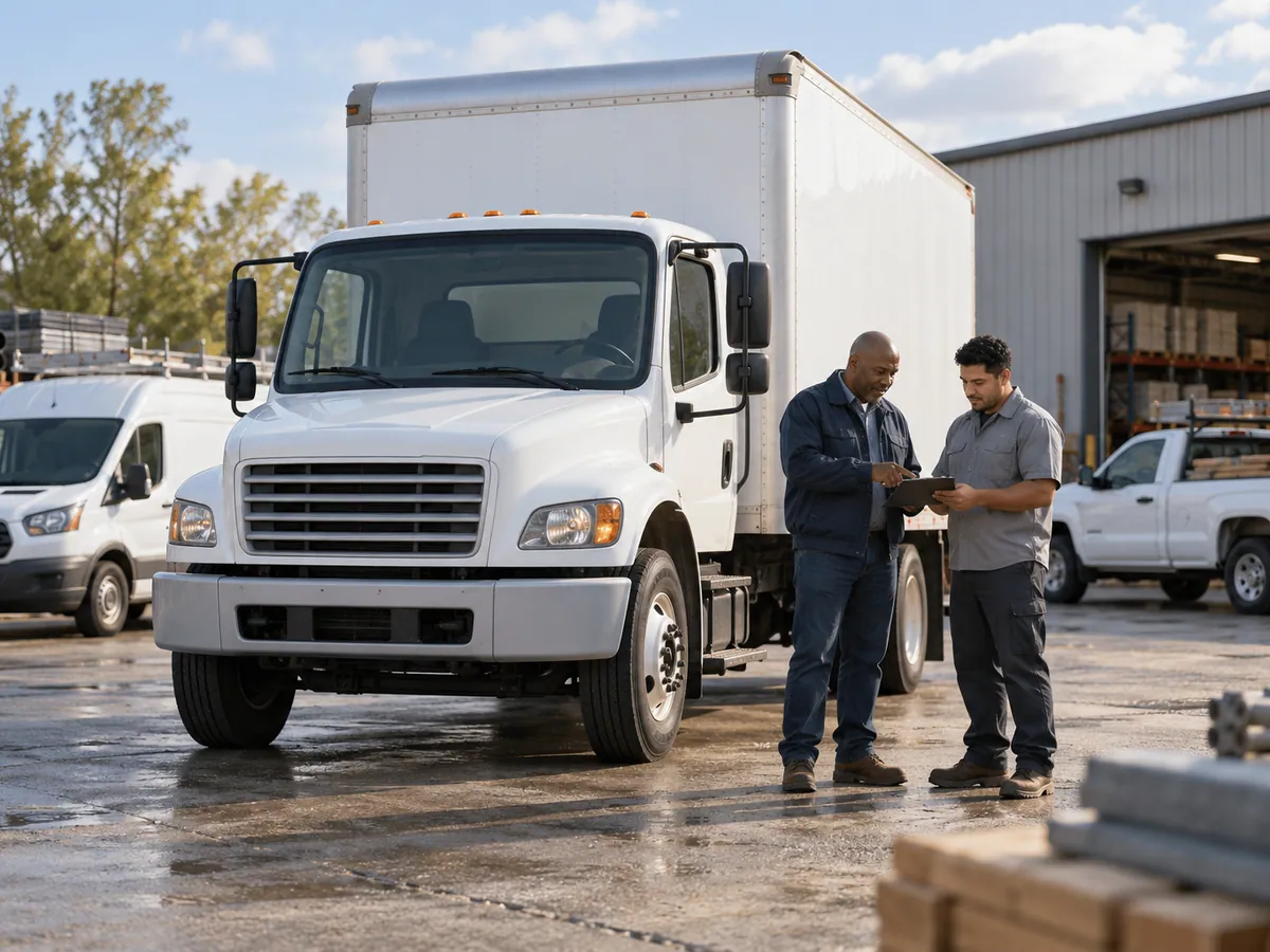 Two men reviewing a tablet beside a box truck and cargo van.