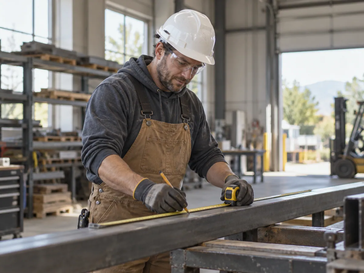 A worker in a hard hat and safety glasses measuring steel at a workbench.