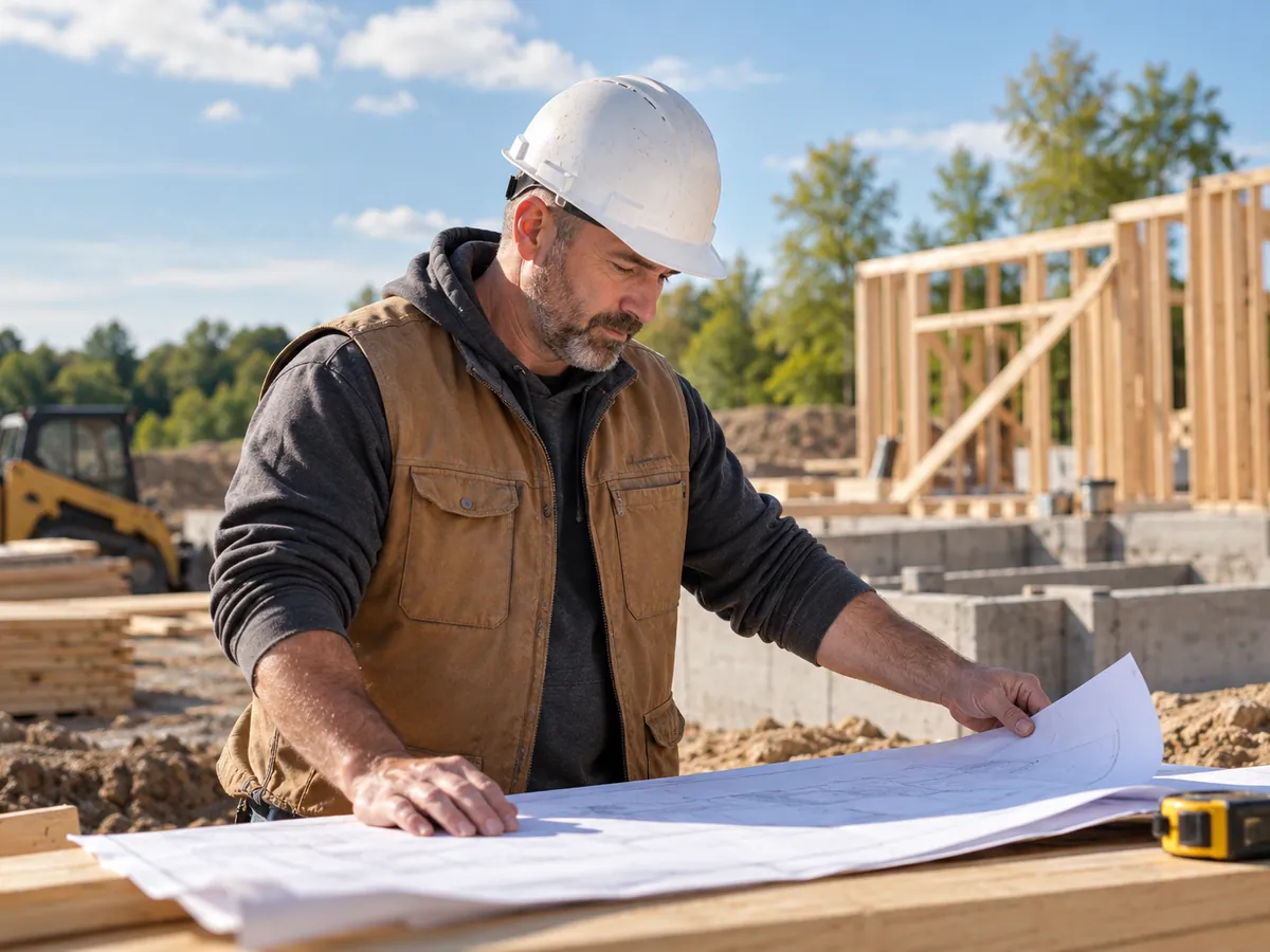 A contractor reviewing building plans at a construction site.
