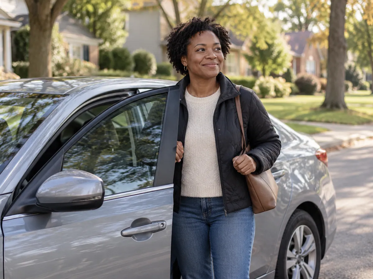 A woman standing beside a parked sedan on a residential street.