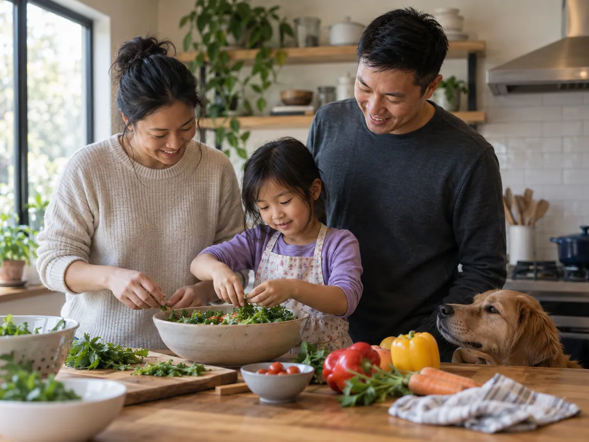 A family preparing a meal together in a kitchen, with their dog nearby.