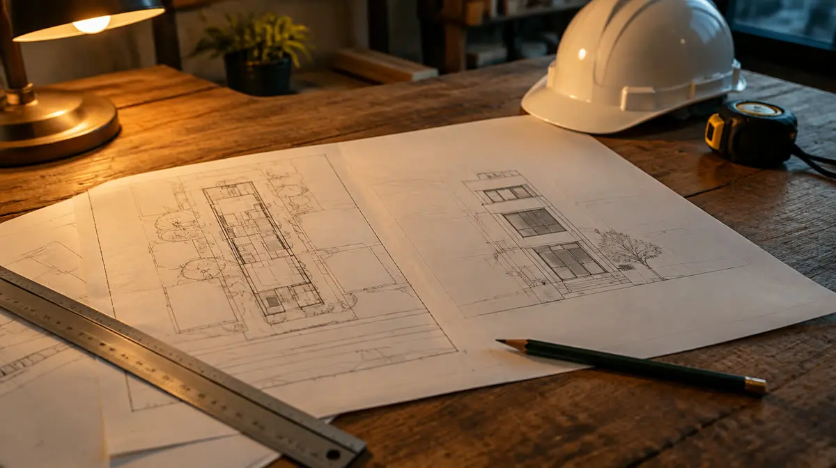 Representative image of infill site plans and drawings on a desk with a hard hat and tape measure