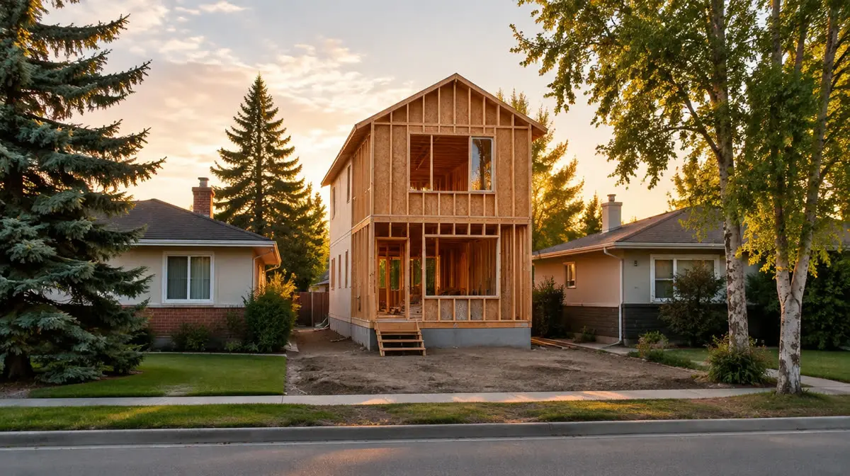 Representative image of a two-storey infill home framed between established Calgary bungalows