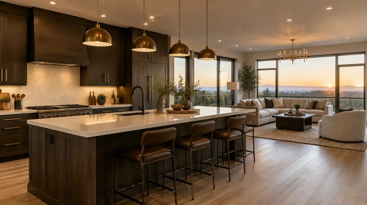 Representative image of a finished modern kitchen and great room in a new infill home
