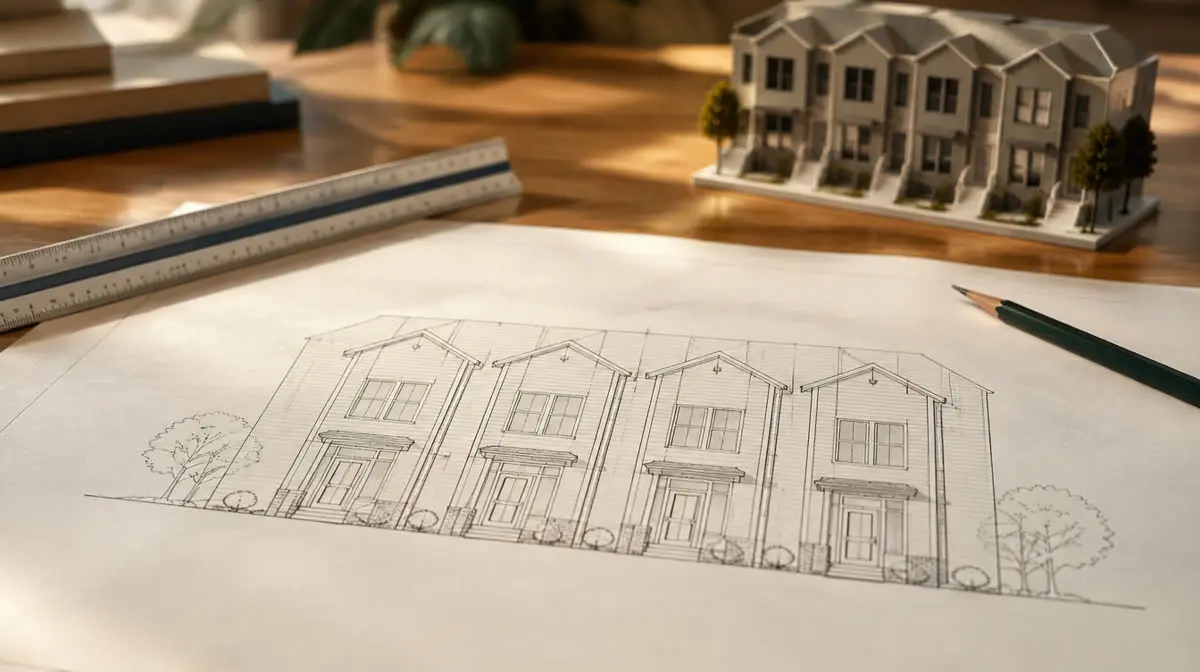 Representative image of a four-unit elevation drawing beside a scale model of a townhouse row