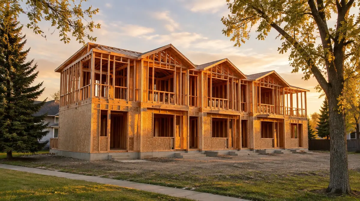 Representative image of a four-unit townhouse-style building under wood framing at sunset