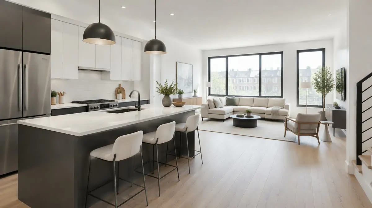 Representative image of a bright open-plan kitchen and living space in a new multi-unit home