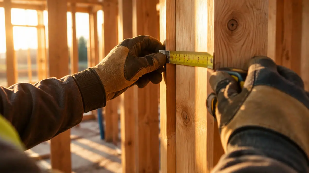 Representative image of gloved hands measuring lumber framing with a tape measure