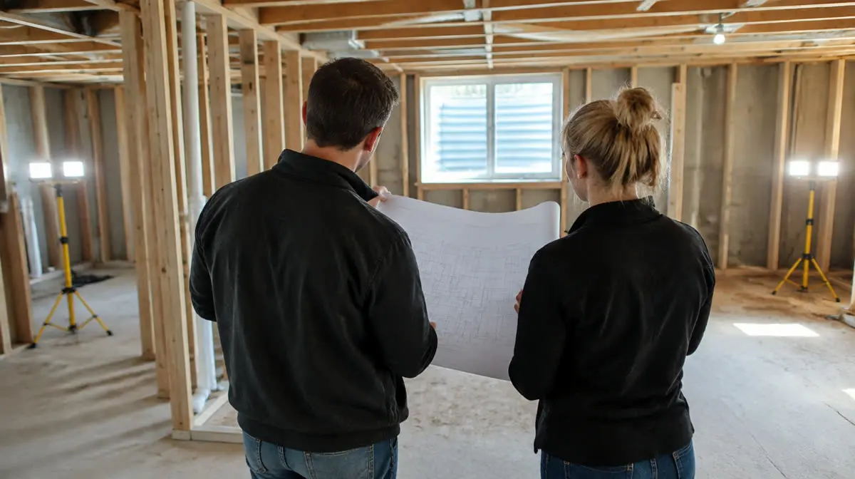 Representative image of two people reviewing plans in an unfinished basement