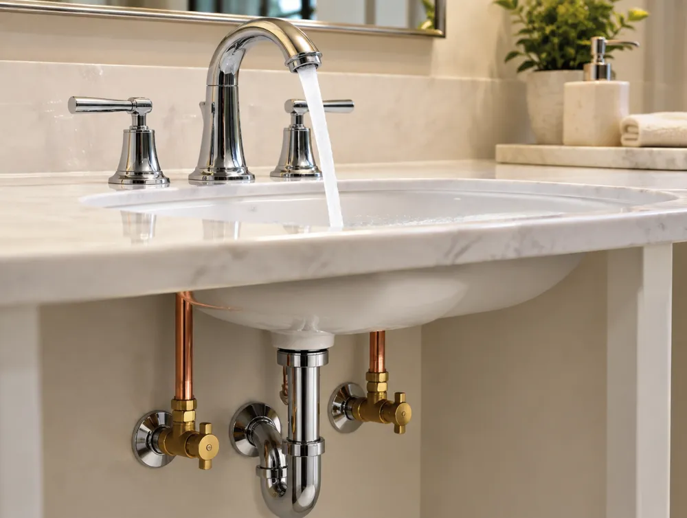 Chrome bathroom faucet running above a vanity sink, with copper supply lines and brass shutoff valves below