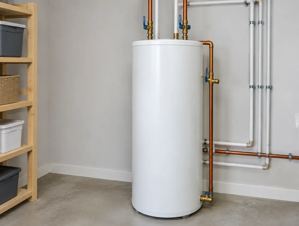 Tidy utility room with a white water heater and neatly routed copper and white pipes